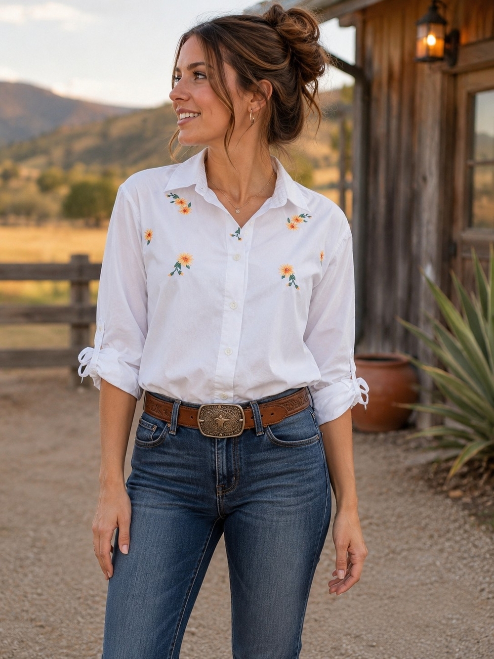 Cabin Creek White Floral Embroidered Button Front Roll Tab Sleeve Shirt L